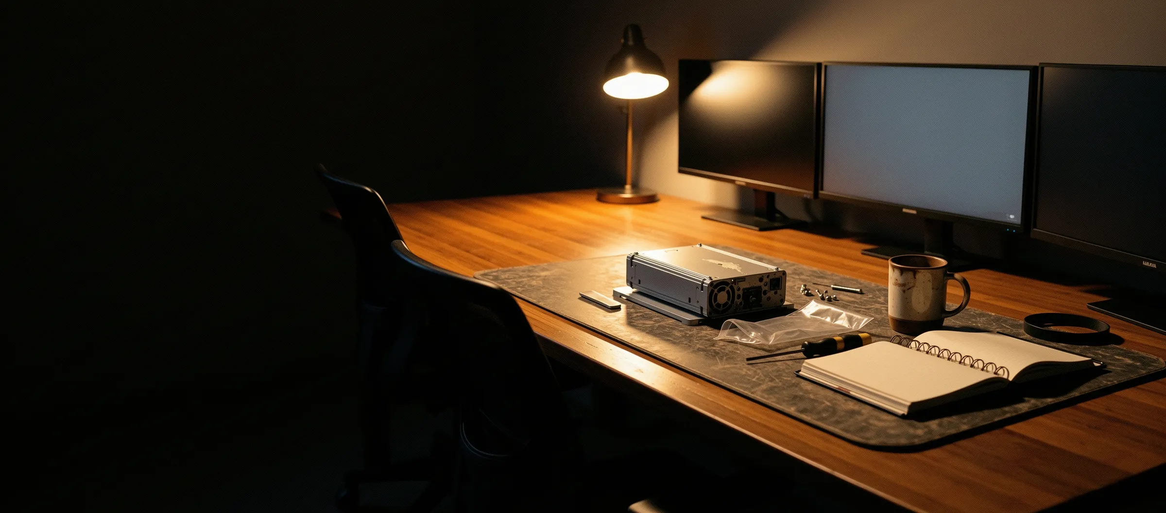 Two empty chairs at a workbench of sleeping monitors, one desk lamp still on