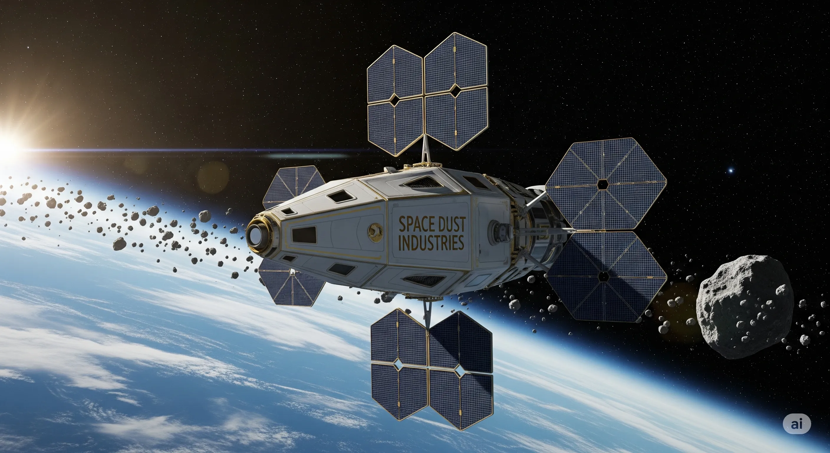 Spacecraft cleaning debris from Earth orbit at sunrise