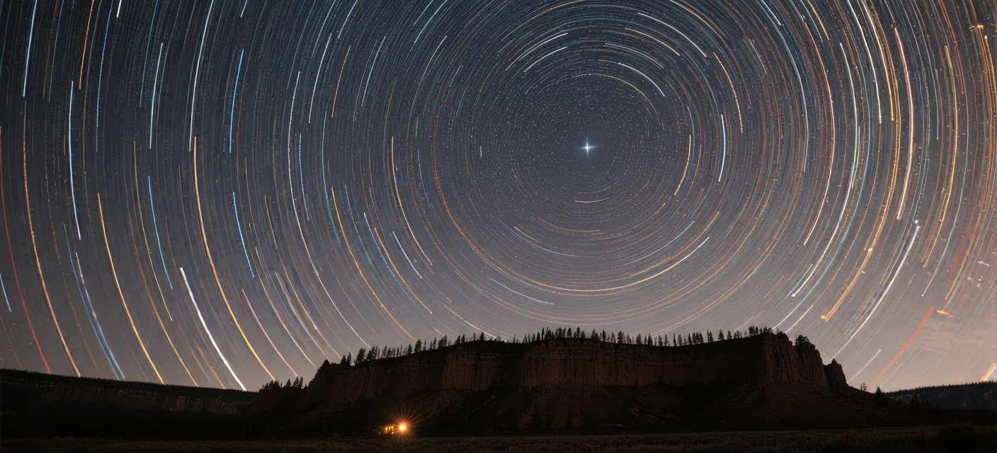 Long-exposure star trails wheeling over the Colorado Front Range ridgeline