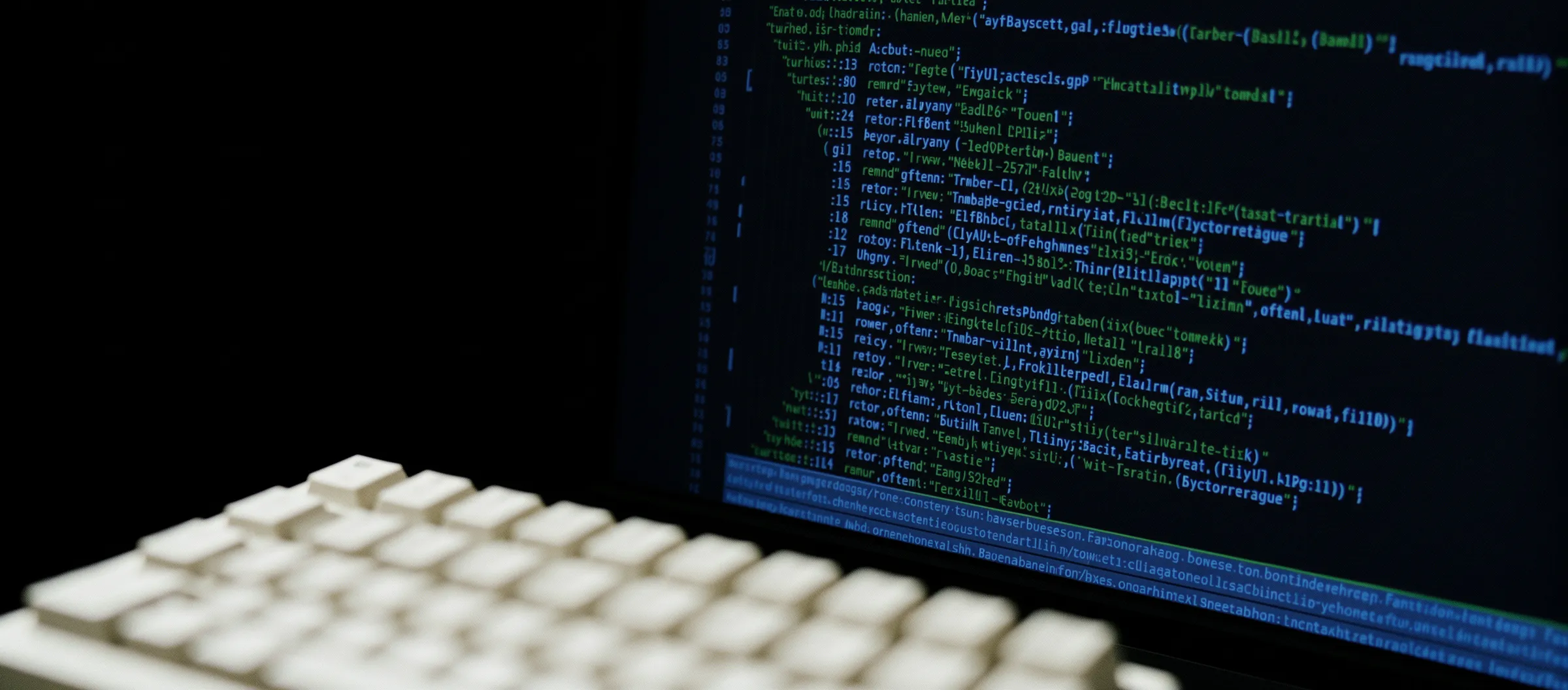 A dark desk lit only by a terminal, commit history scrolling