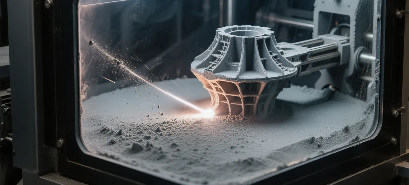 A metal 3D printer building an aerospace component layer by layer, laser tracing a glowing melt path across a bed of metal powder