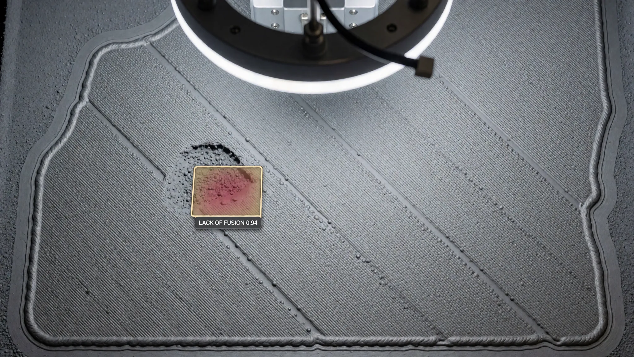 AI-driven automated optical inspection flagging anomalies on a printed metal surface