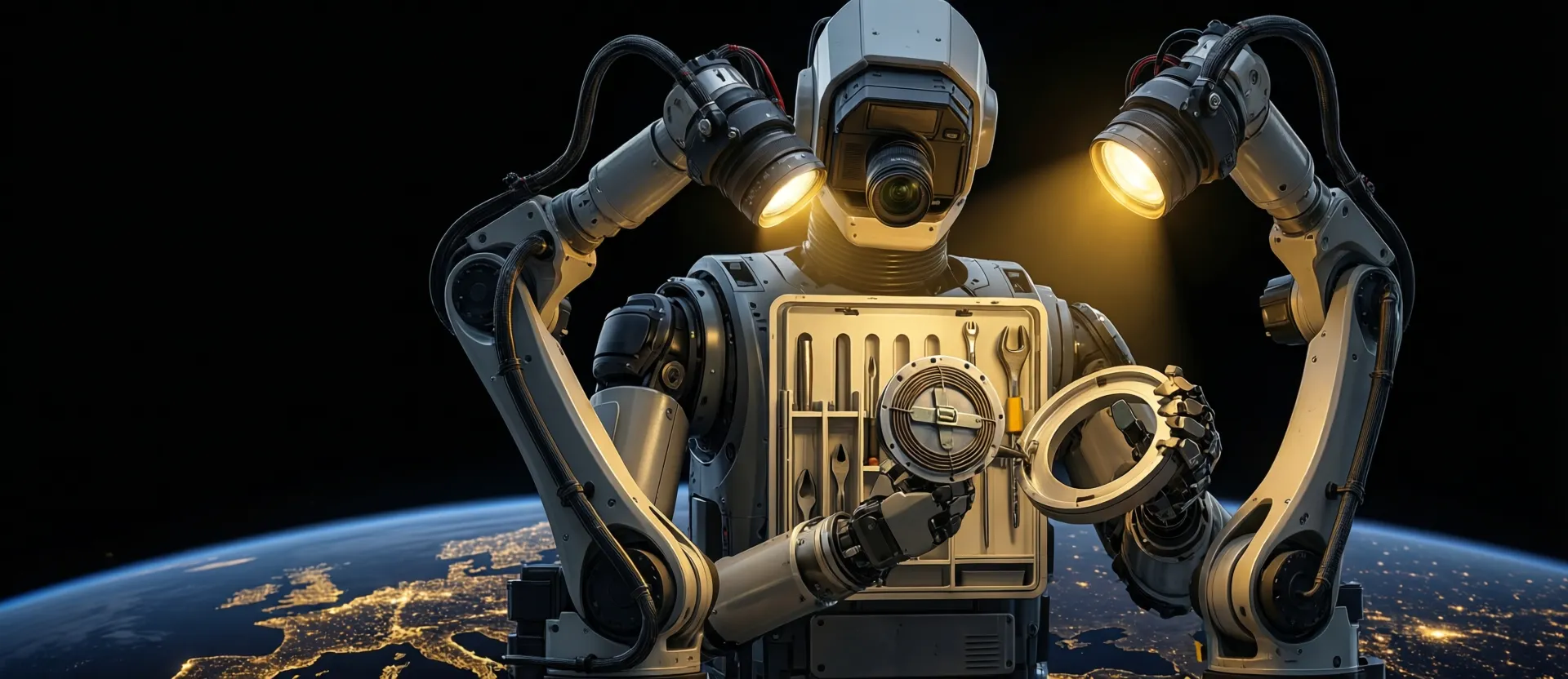 An AI-driven robotic spacecraft operating autonomously above Earth, sensor arrays and manipulator arms illuminated against the dark of space