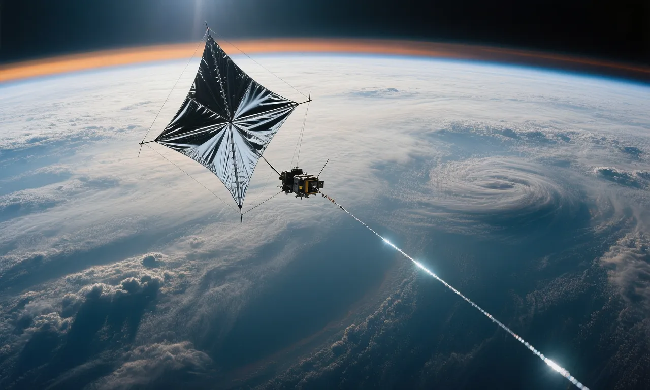 Concept rendering of a de-orbiting mechanism guiding captured debris toward controlled atmospheric reentry