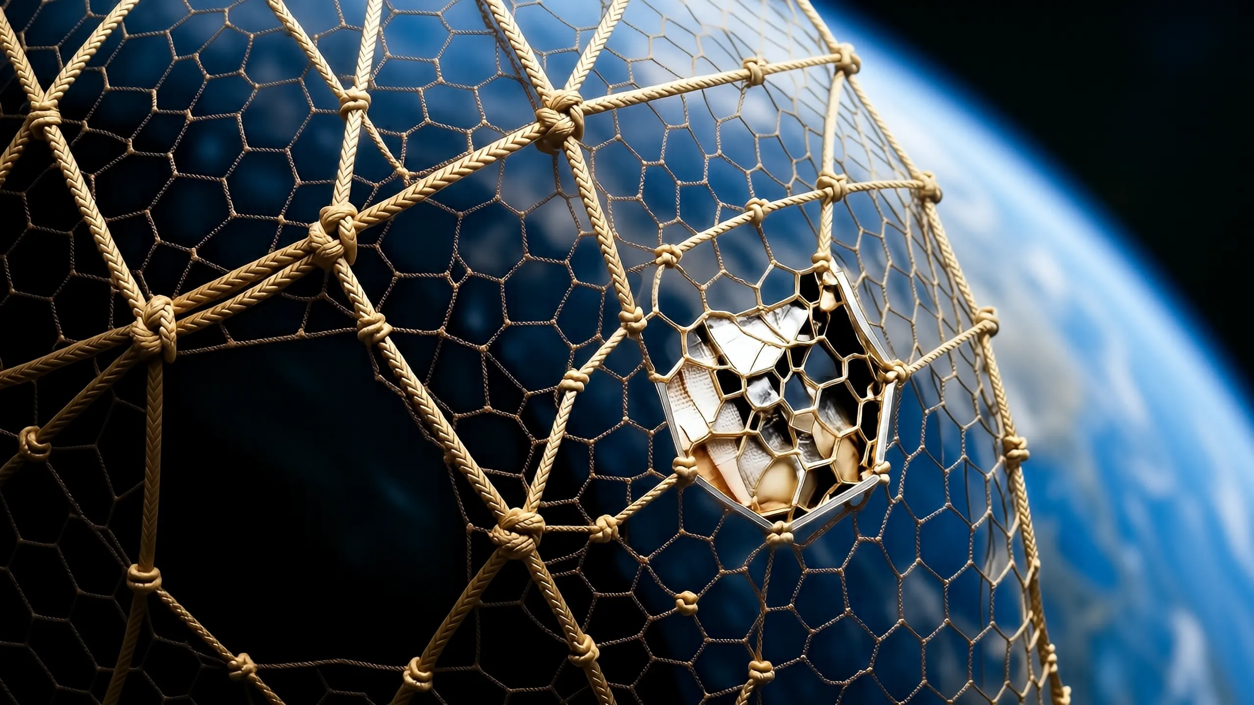 Deployable adhesive webbing concept enveloping a tumbling debris fragment