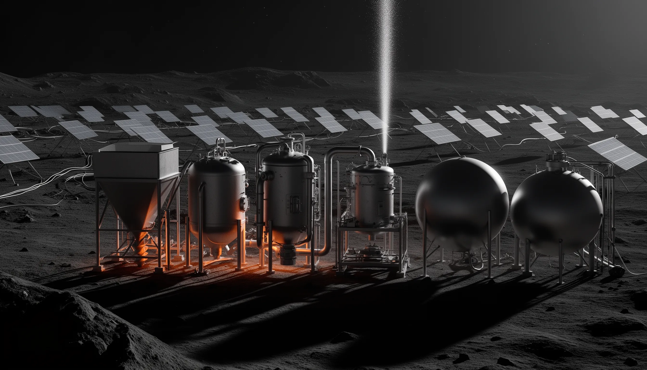 Solar-powered electrolysis system converting asteroid water into hydrogen and oxygen propellant