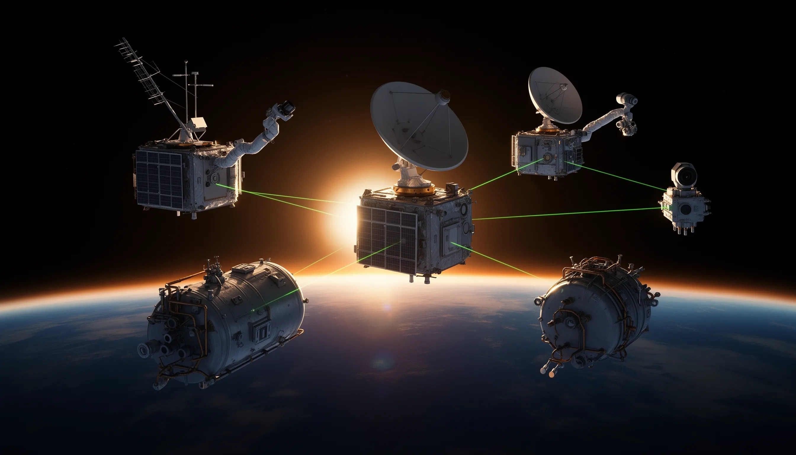 Multi-agent AI coordination — a fleet of autonomous spacecraft sharing information and dividing tasks