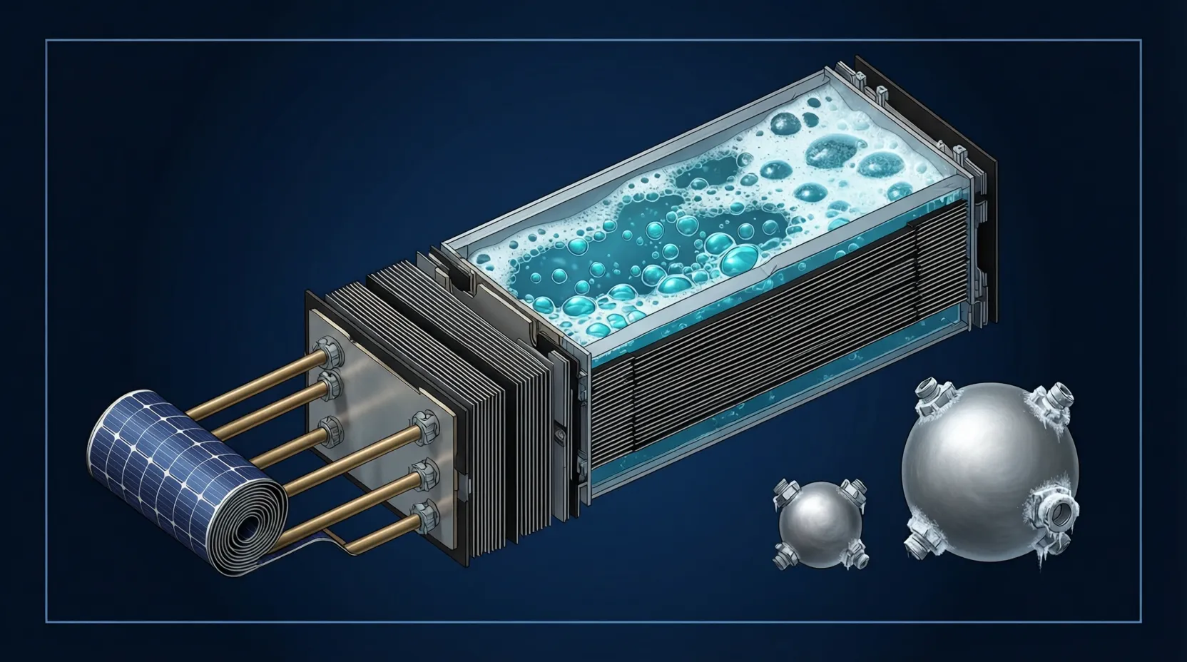 Solar-powered electrolysis splitting water into hydrogen and oxygen in orbit