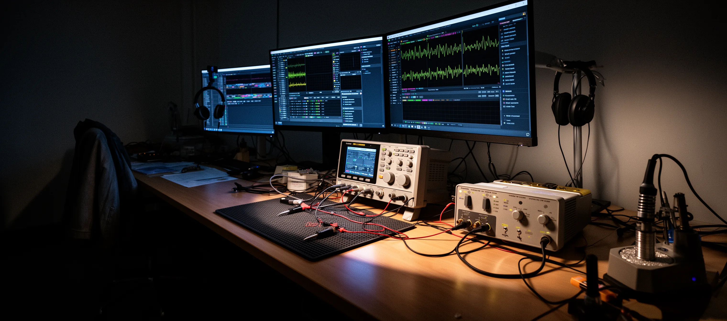 Engineering workspace with multiple displays showing AI workloads